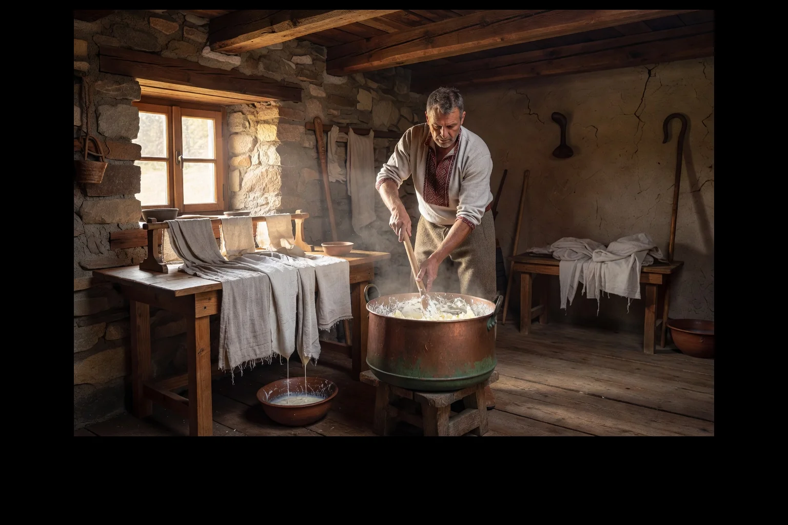 Berger slovaque préparant la bryndza dans un chalet d&#39;alpage traditionnel