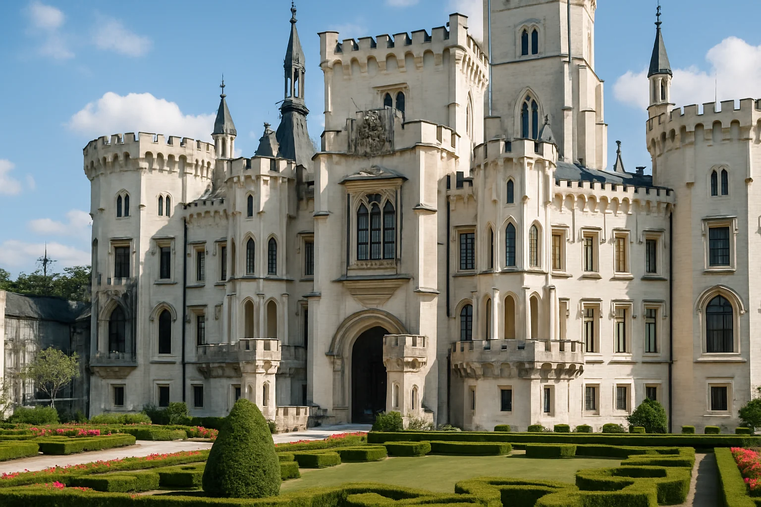 Façade blanche et tourelles du château de Hluboká nad Vltavou