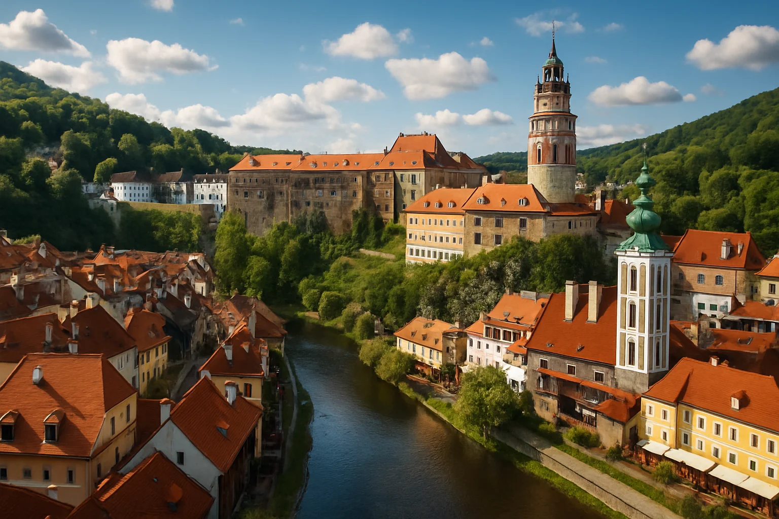 Vue panoramique du château de Český Krumlov dominant la boucle de la Vltava