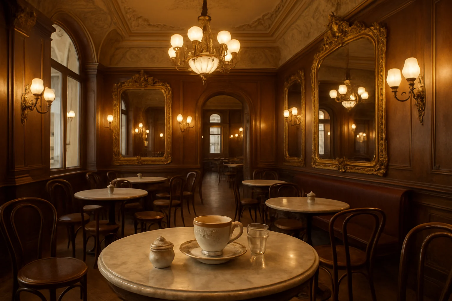 Intérieur élégant du Café Louvre à Prague avec ses miroirs dorés