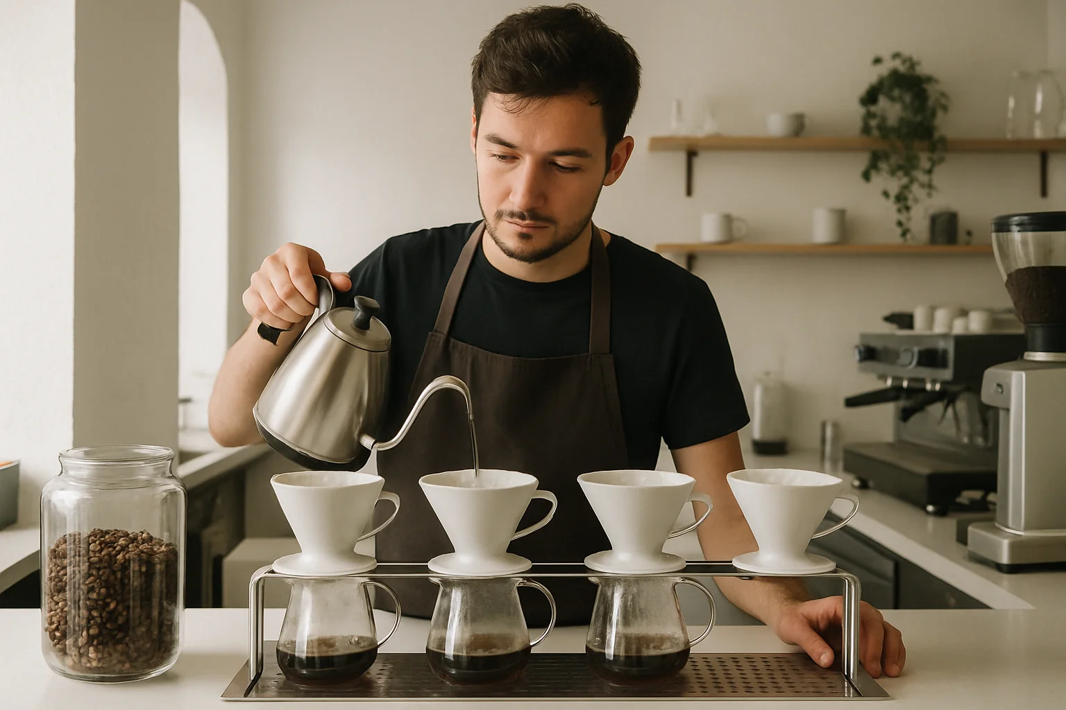 Barista préparant un café filtre dans un café de troisième vague à Prague