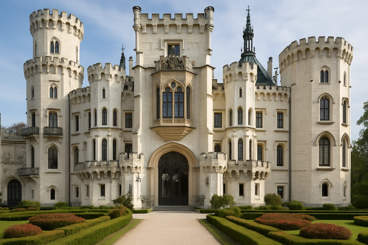 Bílá fasáda a věže zámku Hluboká nad Vltavou