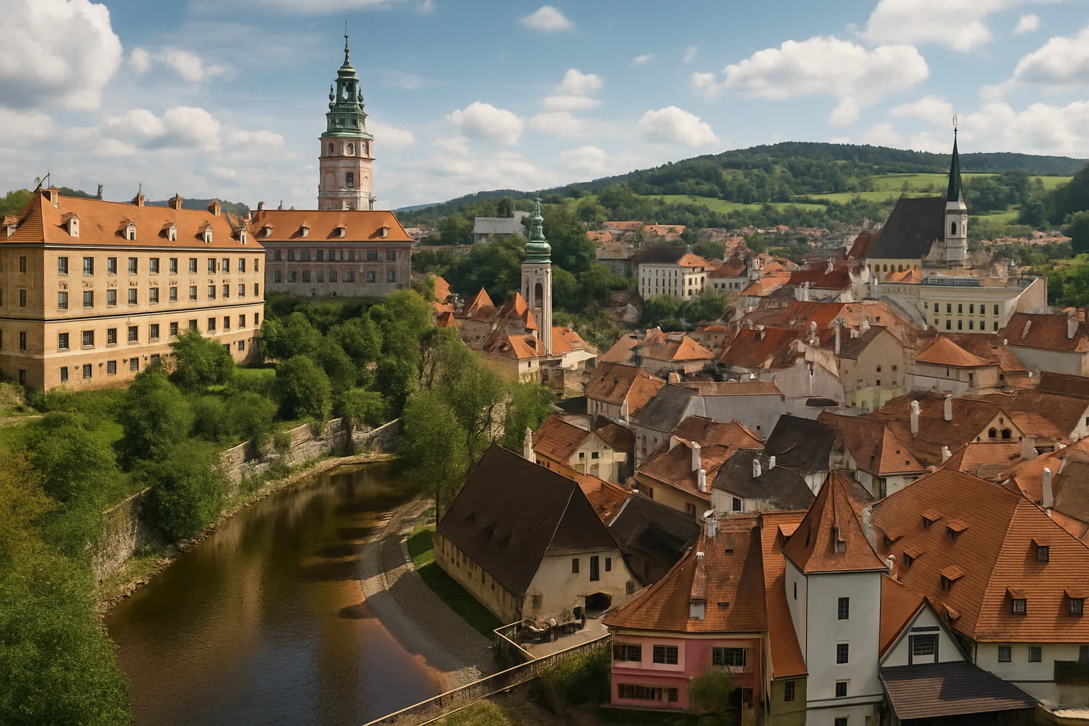 Panoramatický pohled na hrad Český Krumlov nad zátočinou Vltavy