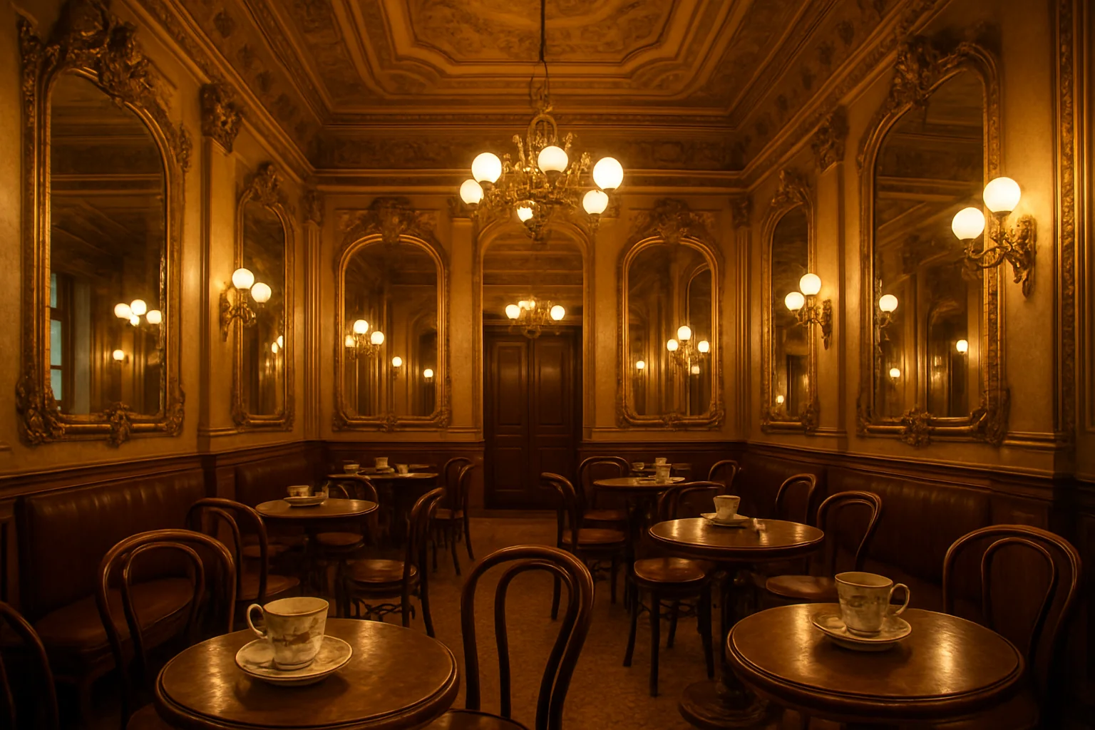 Elegantní interiér Café Louvre v Praze se zlatými zrcadly