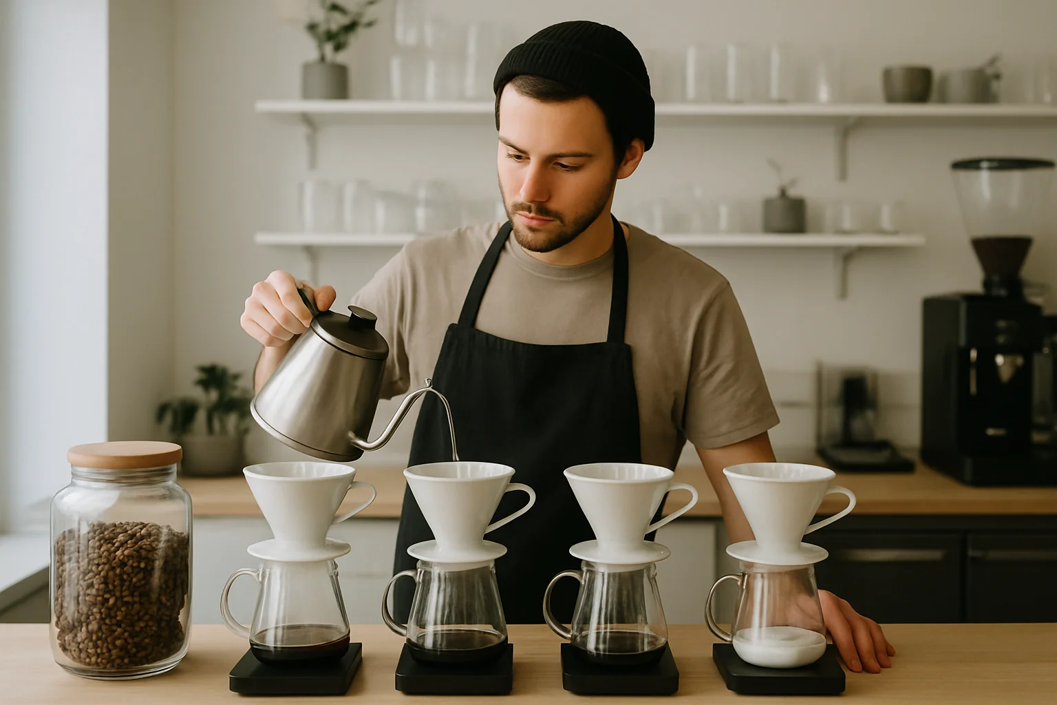 Barista připravující filtrovanou kávu v pražské třetí vlně