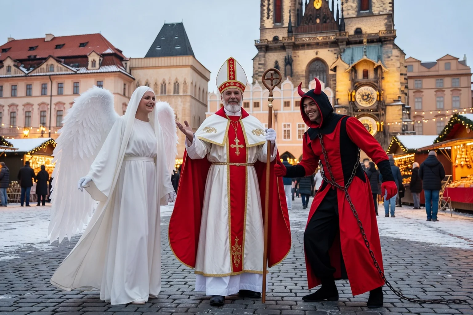 Mikuláš barbu en évêque avec anděl et čert sur une place pavée de Prague
