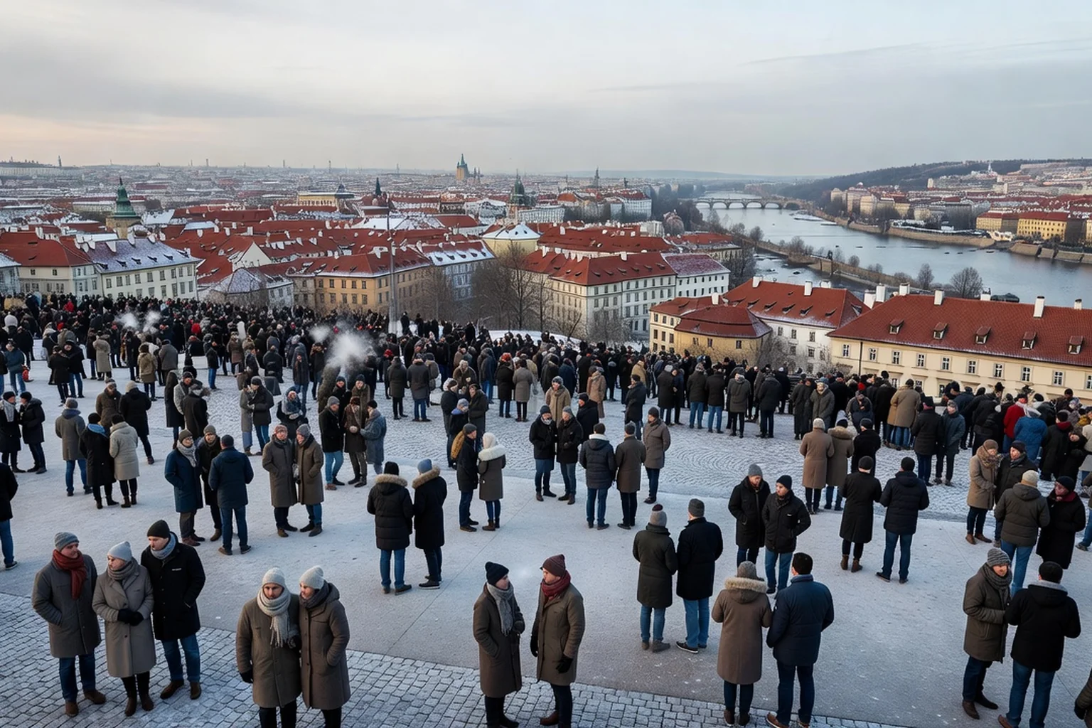 Foule immense rassemblée sur la place Letná au-dessus de Prague