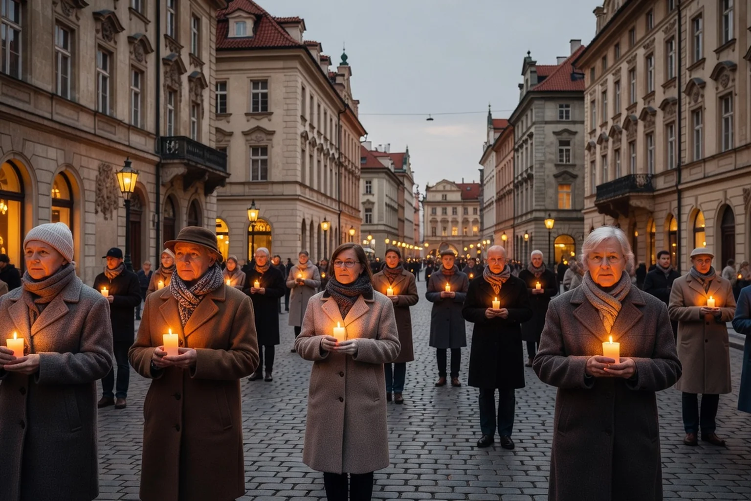 Večerní dav s klíči a svíčkami na Václavském náměstí