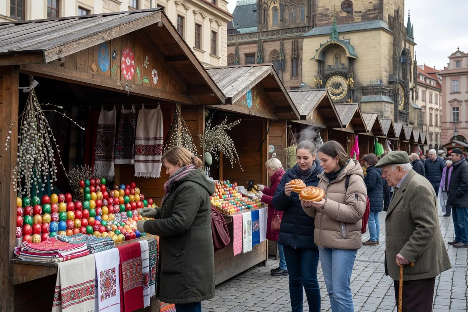Ručně zdobené české kraslice vystavené na velikonočním trhu v Praze.