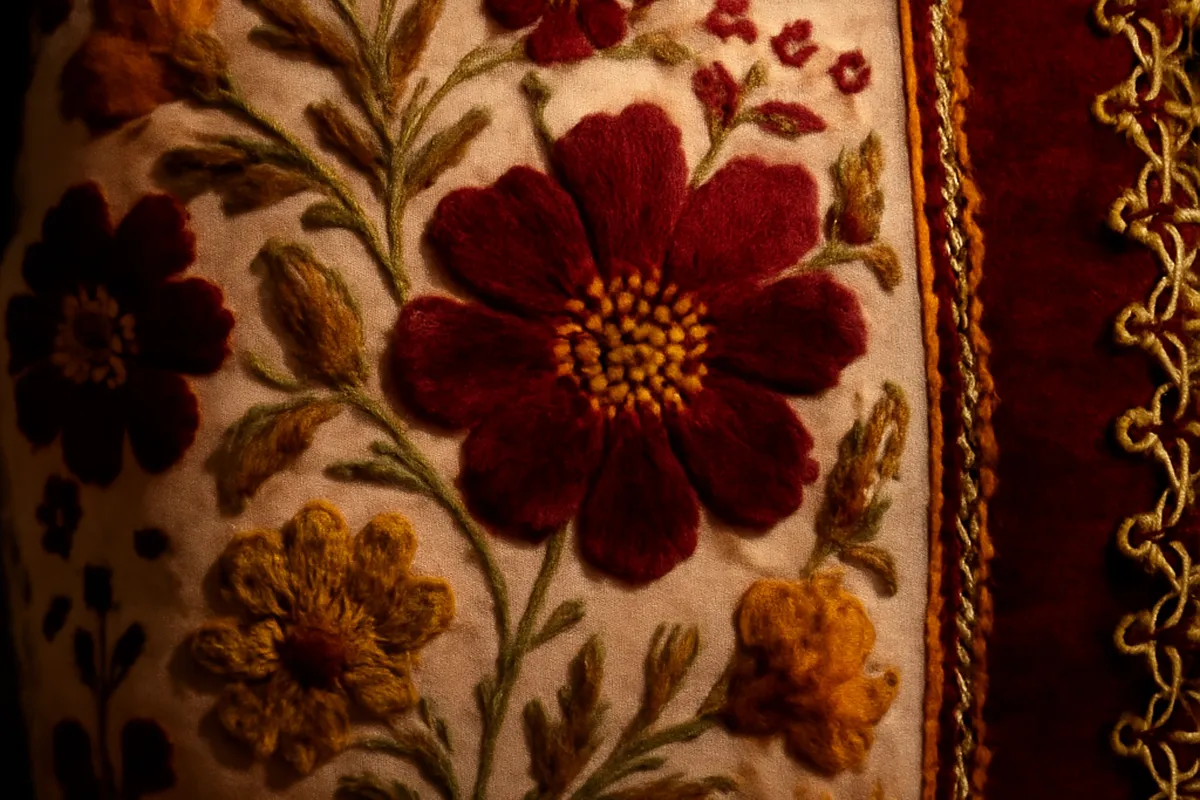 Vyšívaný kroj s barevnými ornamenty z jižní Moravy