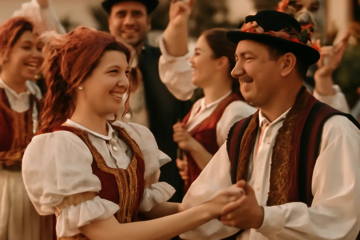 Folklorní festival ve Strážnici s tanečníky v tradičních krojích