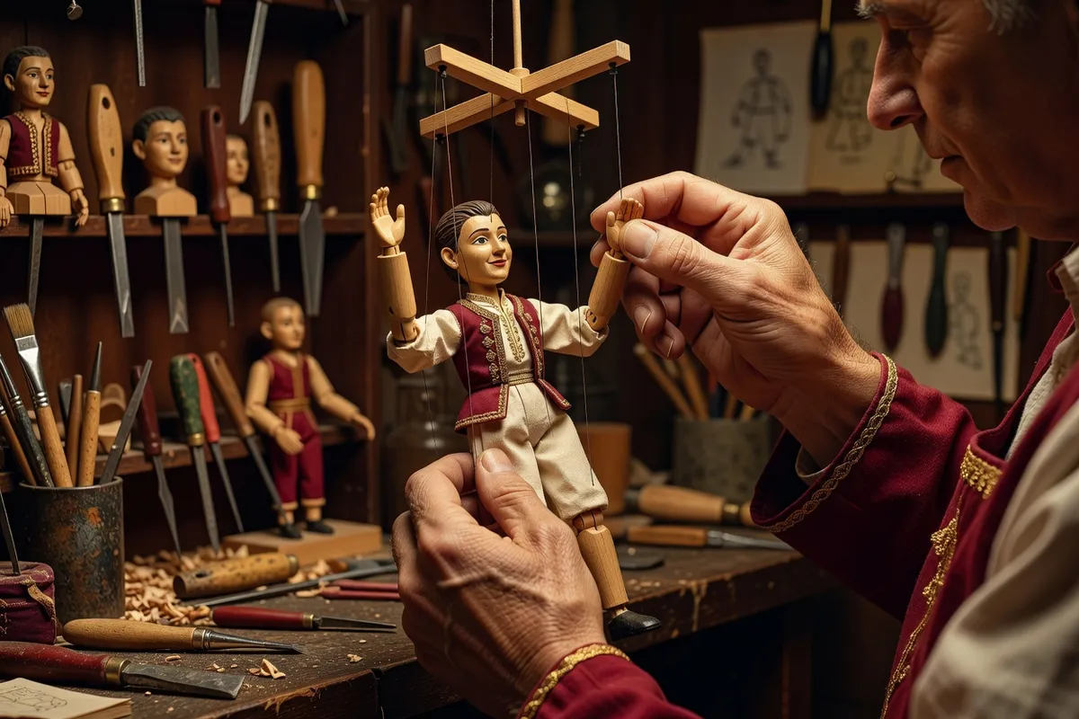 Tradiční česká marioneta ze dřeva s křížem na ovládání nití
