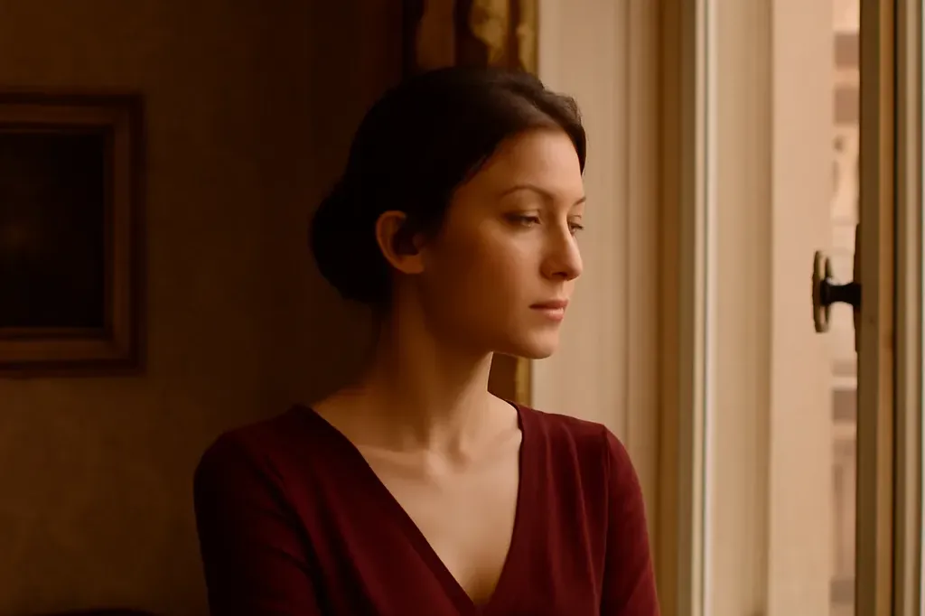 Jeune femme élégante regardant pensivement par la fenêtre d'un appartement tchécoslovaque vintage, ambiance intime et mélancolique
