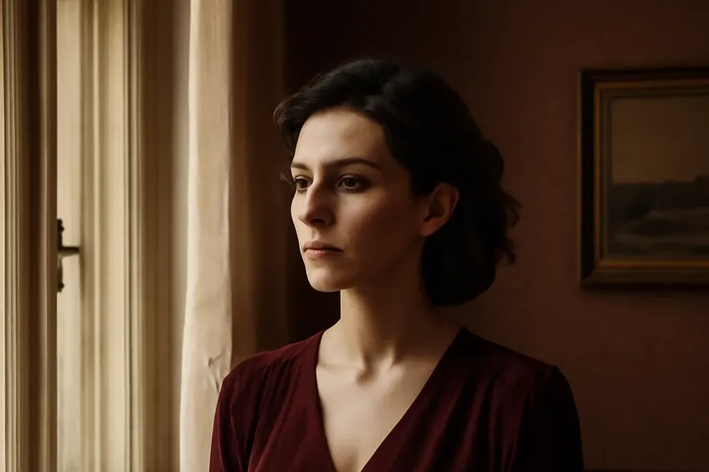 Jeune femme élégante regardant pensivement par la fenêtre d'un appartement tchécoslovaque vintage, ambiance intime et mélancolique